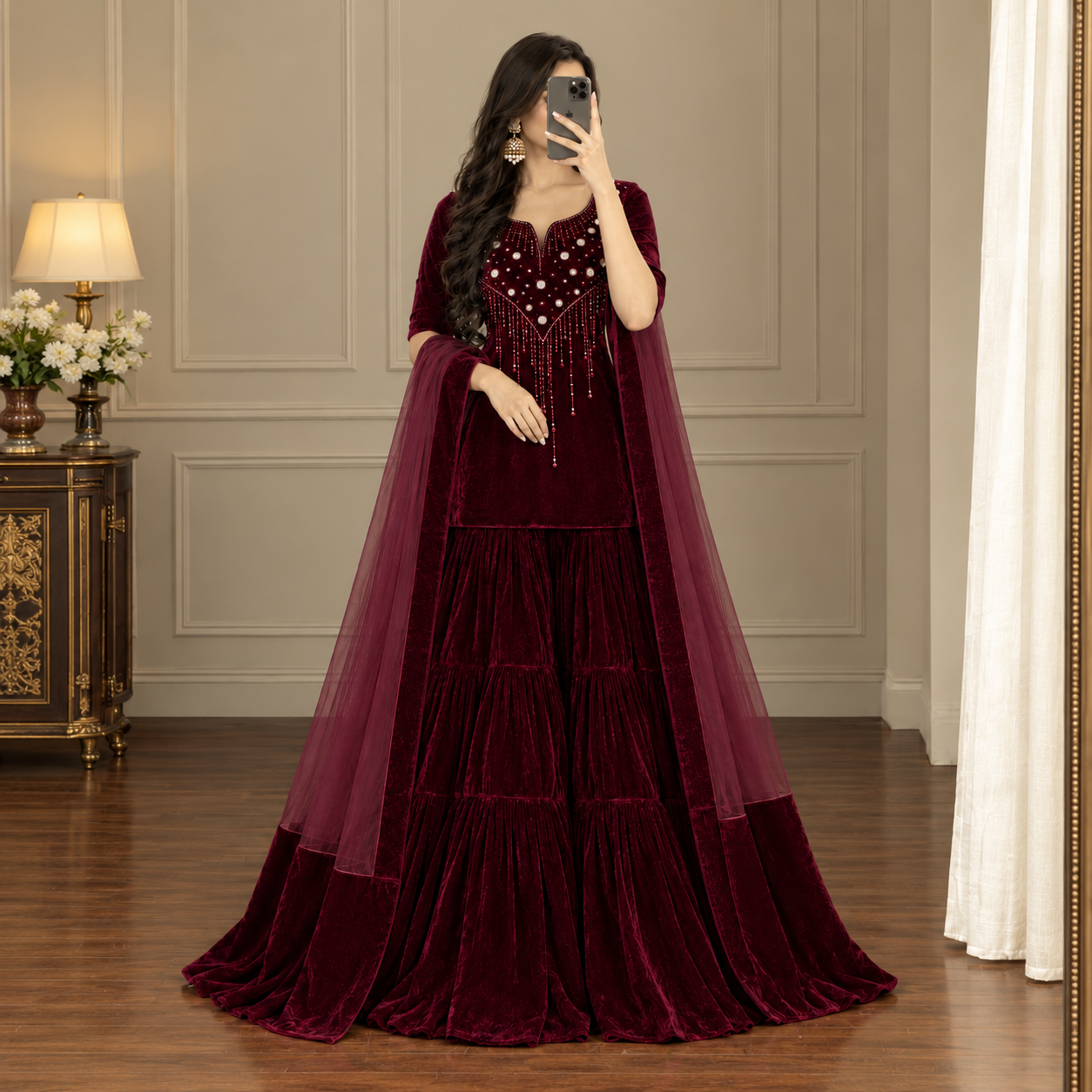 Burgundy Velvet Anarkali Mirror Portrait Maroon Velvet Gharara Suit with Beads Fringe Embellishment - Image 1