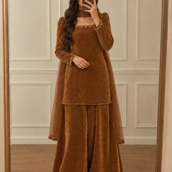 CARAMEL BROWN VELVET SET.