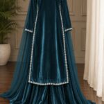Teal velvet shrara set